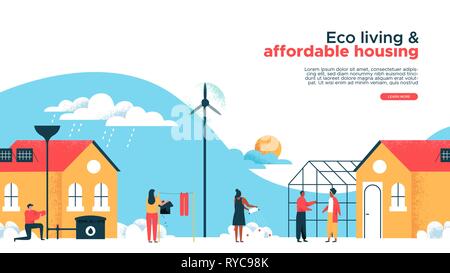 Green eco friendly maisons et biens immobiliers landing page web template. Heureux les gens en logement durable de la communauté. Bâtiment moderne w Illustration de Vecteur