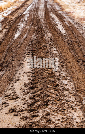 Les traces de pneus boueux dans un ranch chemin de terre ; le centre du Colorado, USA Banque D'Images