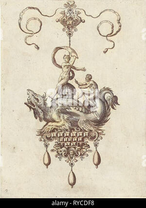 Pendentif avec dragon avec une double coquille sur son dos, Adriaen Collaert, Hans Collaert I, Philips Galle, 1582 Banque D'Images