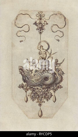 Pendentif avec dragon avec une double coquille sur son dos, impression bouilloire : Adriaen Collaert, Hans Collaert I, Philips Galle, 1582 Banque D'Images