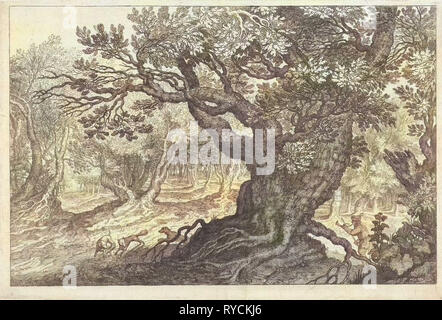 Fox Hunt dans une forêt, Roelant Savery, Anonyme, 1587 - 1639 Banque D'Images