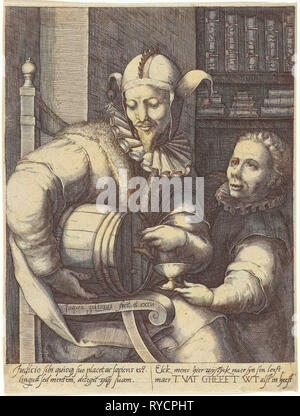 Jester avec tonneau de vin, Jacob Goltzius (II), Anonyme, 1584 - 1630 Banque D'Images