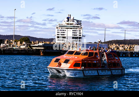 Bateau de croisière offre amener les passagers à terre à Port Eden après leur navire cherché refuge du Cyclone Oma de frapper la côte est de l'Australie. Banque D'Images