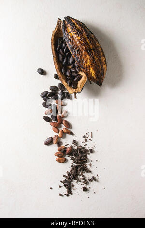 Variété de produits frais et sec à partir de fèves de cacao cabosse avec des morceaux de chocolat noir sur blanc texture background. Mise à plat, de l'espace Banque D'Images