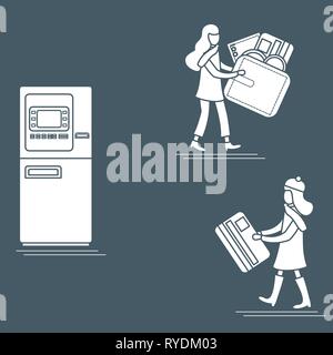 Vector illustration avec deux filles utilisent ATM services. Carte bancaire, porte-monnaie, billet, monnaie. La gestion des finances personnelles. Pour la conception d'affiches, bannières ou prin Illustration de Vecteur