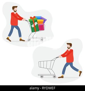 Homme avec panier vide et plein de cadeaux. Shopping l'homme. Le lendemain de la vente. Vendredi noir. Offre spéciale. Concept design pour la bannière, ma promotion Illustration de Vecteur