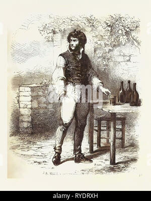 Un verre de vin dans le jardin, le comte de Monte Christo, Caderousse, Alexandre Dumas, 1844, roman historique, d'aventure, roman de fiction, Fiction, vin, bouteille, bouteilles, Winebottle, Wineglass, alcool, boissons, Liszt Archive Gourmet, 19e siècle Banque D'Images