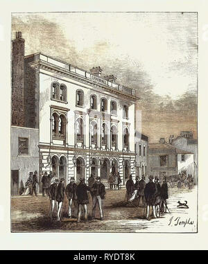 Le Fox and Hounds, Putney, Oxford Head-Quarters, le Boat Race est une course d'Aviron annuelle entre l'Université d'Oxford et le Club de bateau de Cambridge University Boat Club, ramé entre huit concurrents sur la Tamise à Londres, Angleterre, gravure 1876, UK, Grande-Bretagne, britannique, Europe, France, Grande Bretagne, Banque D'Images