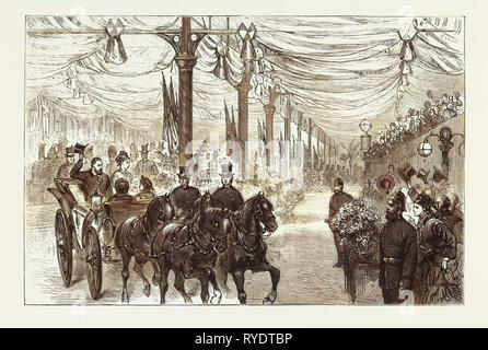 L'Home-Coming de le Prince de Galles : le Parti Royal quittant la gare Victoria de la London, Brighton, et South-Coast Railway Company, London, UK, 1876 Gravure, la Grande-Bretagne, britannique, Europe, France, Grande Bretagne, Banque D'Images