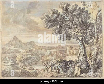 Paysage avec cascade et canyon, imprimer bouilloire : Johannes Glauber, Caspar David Friedrich, 1656 - 1726 Banque D'Images