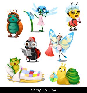 Ensemble d'insectes dans la joyeuse mignon matin isolé sur fond blanc. Régime de jour. Cartoon Vector illustration close-up. Illustration de Vecteur