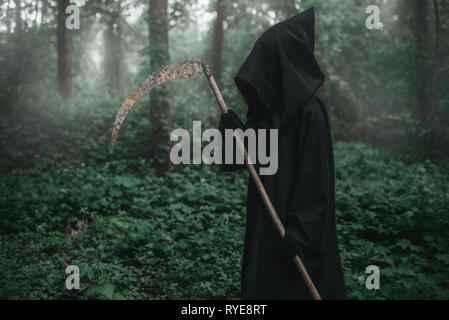 La mort avec une faux dans le noir Forêt brumeuse Banque D'Images