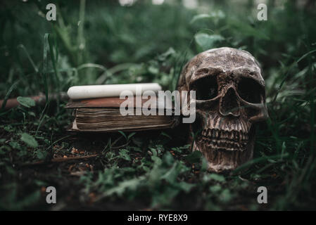 Livre de magie noire avec des symboles occultes et du crâne Banque D'Images