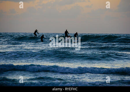 Silhouette de sup surfeurs dans la mer Méditerranée. Photographié à Tel Aviv au coucher du soleil Banque D'Images
