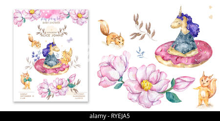 Carte magique, l'heure définie. Carte, étiquette et de l'affiche pour l'impression. Illustration magique avec unicorn et différents éléments de contes de fées. Pour les enfants de l'affiche Banque D'Images