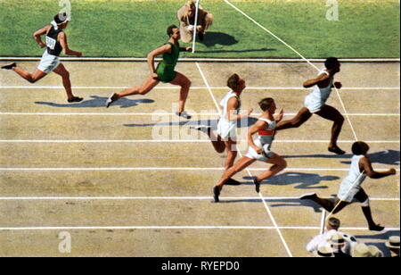 Sport, Jeux Olympiques, Los Angeles, 1932, X, Jeux Olympiques d'été de 30,7. - 12.8.1932, athlétisme, course à pied, 100 mètres, hommes, finale, gagnant : Eddie Tolan (USA), deuxième : Ralph Metcalfe (USA), troisième : Arthur Jonath (Allemagne), à la suite de : George Simpson (USA), Daniel Joubert (Afrique du Sud) et Takayoshi Yoshioka (Japon), Los Angeles Memorial Coliseum, 1.8.1932, carte cigarette, album 'Die Olympischen Spiele 1932', Reemstma Cigarettenfabriken GmbH, Allemagne, 1932, Additional-Rights Clearance-Info-Not-Available- Banque D'Images