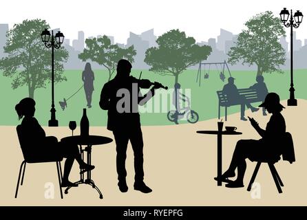 La violoniste sur un café de la rue près de city park, vector illustration Illustration de Vecteur