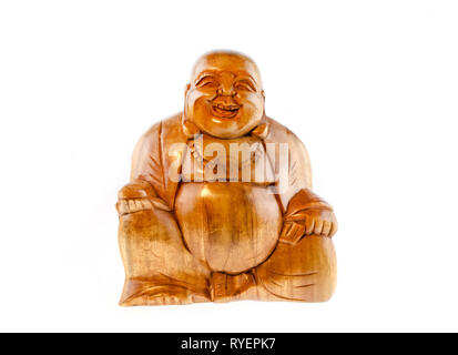 Statue de Bouddha en bois smiling isolated on white Banque D'Images