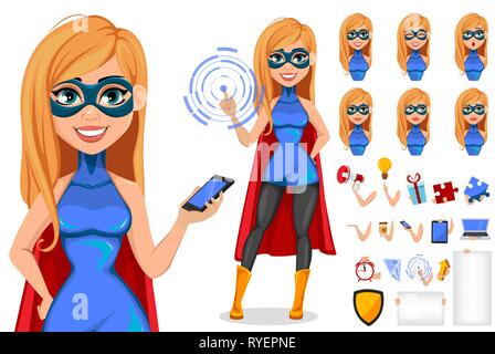 Business Woman super héros, ensemble de trois poses. Concept de woman wearing superhero costume. Pack de parties du corps, les émotions et les choses. Personnage. Illustration de Vecteur