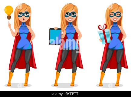 Business Woman super héros, ensemble de trois poses. Concept de woman wearing superhero costume. Personnage ayant une bonne idée, holding tablet et ho Illustration de Vecteur