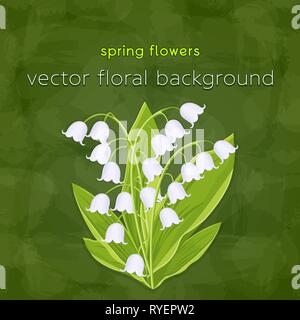 Le muguet, spring bouquet de fleurs délicates, vector illustration. Bourgeons blancs fleurs forêt bluebells, tiges et feuilles isolées sur green t Illustration de Vecteur