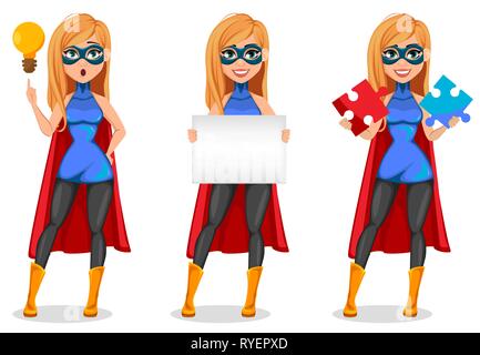 Business Woman super héros, ensemble de trois poses. Concept de woman wearing superhero costume. Personnage ayant une bonne idée, maintenant plaque et de l'h Illustration de Vecteur