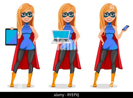 Business Woman super héros, ensemble de trois poses. Concept de woman wearing superhero costume. Personnage de holding, holding laptop et vertige Illustration de Vecteur