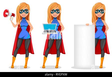 Business Woman super héros, ensemble de trois poses. Concept de woman wearing superhero costume. Personnage haut-parleur holding holding laptop, et s Illustration de Vecteur