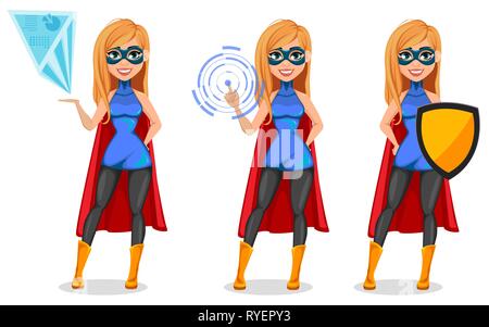 Business Woman super héros, ensemble de trois poses. Concept de woman wearing superhero costume. Personnage montrant hologramme et tenue de protection. Vect Illustration de Vecteur