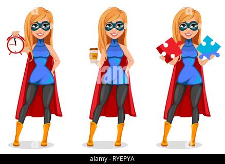 Business Woman super héros, ensemble de trois poses. Concept de woman wearing superhero costume. Personnage de réveil, holding holding coffee et h Illustration de Vecteur