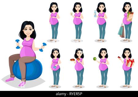 Femme enceinte, série de 9 poses. Belle Dame se prépare à être une mère. Cute cartoon character. Vector illustration sur fond blanc Illustration de Vecteur