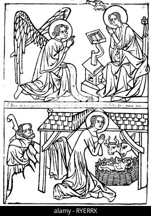 La religion, le christianisme, Jésus Christ, la nativité, l'annonciation et la nativité du Christ, woodcut, Allemagne, 1410 - 1420, Additional-Rights Clearance-Info-Not-Available- Banque D'Images