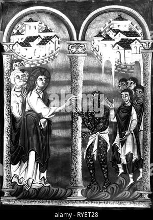 La religion, le christianisme, Jésus Christ, des scènes de sa vie, la guérison des malades, l'éclairage, du livre des évangiles, 11e siècle, et la cathédrale diocésaine de l'archevêché de Cologne, bibliothèque, Moyen Âge, médiéval, médiévale, beaux-arts, art religieux, art de la peinture, miniature, miniatures, pleine longueur, pleine longueur, debout, bénédiction, bénis, maladie, maladies, maladies, maladies, maladie, maladies, personne malade, personnes malades, la lèpre, la lèpre, les lépreux, guérir, guérison, miracle, miracles, disciple, adepte, disciples, suiveurs, colonne, colonnes, le Messie, le Sauveur, l'artiste n'a pas d'auteur pour être effacé Banque D'Images