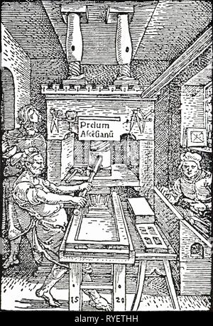 Technics, typographie, imprimerie, gravure sur bois.emblème de Jodocus badius, Paris, 1520 Additional-Rights Clearance-Info-Not-Available- Banque D'Images