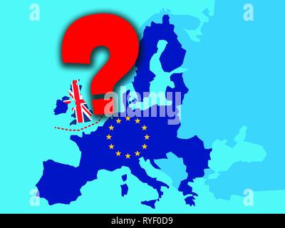 Concept brexit - économie du Royaume-Uni après Brexit avec un gros point d'interrogation rouge - UK comme un drapeau et de l'UE étoile sur la carte de l'Europe avec de grandes question mark sur l'Angleterre Banque D'Images