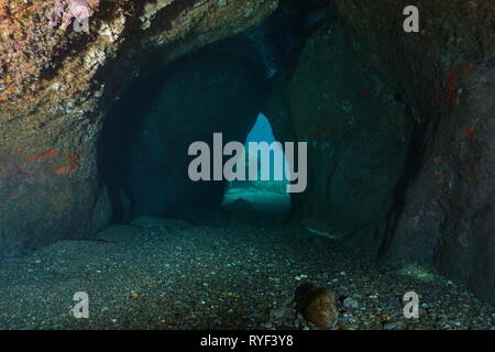 L'intérieur d'une grotte sous l'eau avec la sortie en arrière-plan, mer Méditerranée, scène naturelle, France Banque D'Images