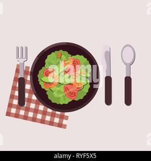 Concept de menu. Salade de laitue, tomates, avocat et crevettes servi sur une assiette avec une fourchette, couteau, cuillère et serviette. Alimentation saine. Vector illustratio Illustration de Vecteur