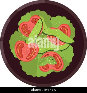 Concept de menu. Salade de laitue, tomates et d'avocat servi sur une assiette. Alimentation saine. Vector illustration. Illustration de Vecteur