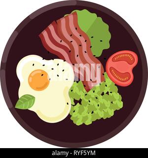 Concept de menu. Frites œufs, bacon, avocat, tomate et salade verte servi sur une assiette. Alimentation saine. Vector illustration. Illustration de Vecteur