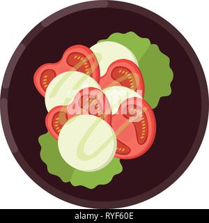 Concept de menu. Salade de laitue, tomates et mozzarella servi sur une assiette. Alimentation saine. Vector illustration. Illustration de Vecteur