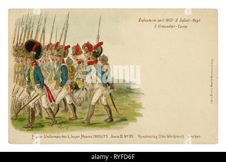 Carte postale : Lithographie historique allemand de la fin du xixe siècle. Grenadiers en uniforme marchant au lieu de déploiement, 1812, guerre Napoléoniennes Banque D'Images