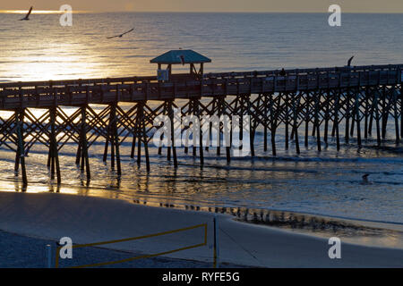 La silhouette du pier avec soccer net au premier plan sur Folly Beach, Caroline du Sud au lever du soleil comme des oiseaux volant dans le ciel Banque D'Images