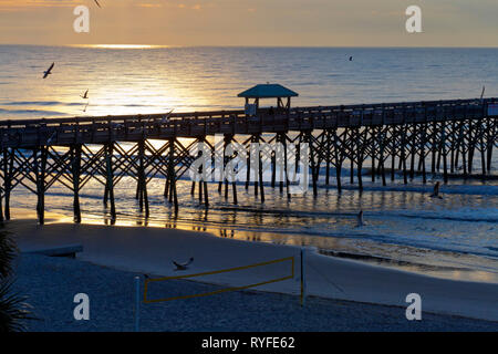 La silhouette du pier avec soccer net au premier plan sur Folly Beach, Caroline du Sud au lever du soleil comme des oiseaux volant dans le ciel Banque D'Images