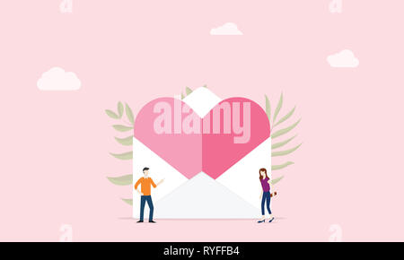 Lettre d'amour avec chaleur et grande rose enveloppe avec des gens couple - vector illustration Banque D'Images