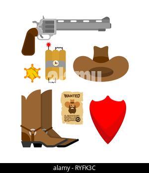 Ensemble d'accessoires de Cowboy hat. et bottes. icône de l'ouest. Wild West chaussures et mouchoir. Arme et Sheriff Star. Illustration de Vecteur