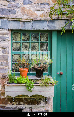 Romarin, Thym en pot et d'autres herbes par une charmante, à l'ancienne de rempotage Banque D'Images