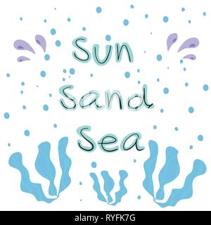 Mer sable soleil lettrage dessiné à la main. Typographie stylisé design plat pour imprimer des affiches, bannières, t-shirt et d'autres. Vector Illustration. Illustration de Vecteur