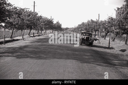 Années 1930, la Tchécoslovaquie, la voiture de l'époque mis en garde sur une large route goudronnée, tout droit dans un district agricole rural. Banque D'Images