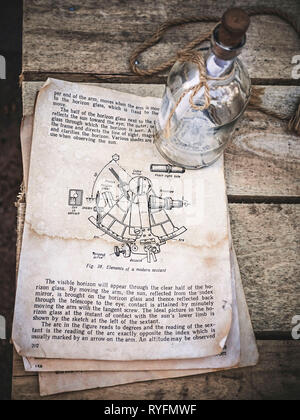 Vintage still life with sextant photo dans un vieux livre et bouteille en verre vide avec une corde sur de fond de bois. Le livre décrit la technique de Banque D'Images