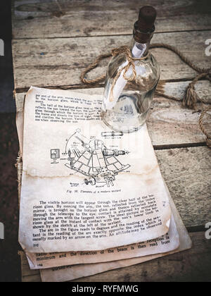 Vintage still life with sextant photo dans un vieux livre et bouteille en verre vide avec une corde sur de fond de bois. Le livre décrit la technique de Banque D'Images